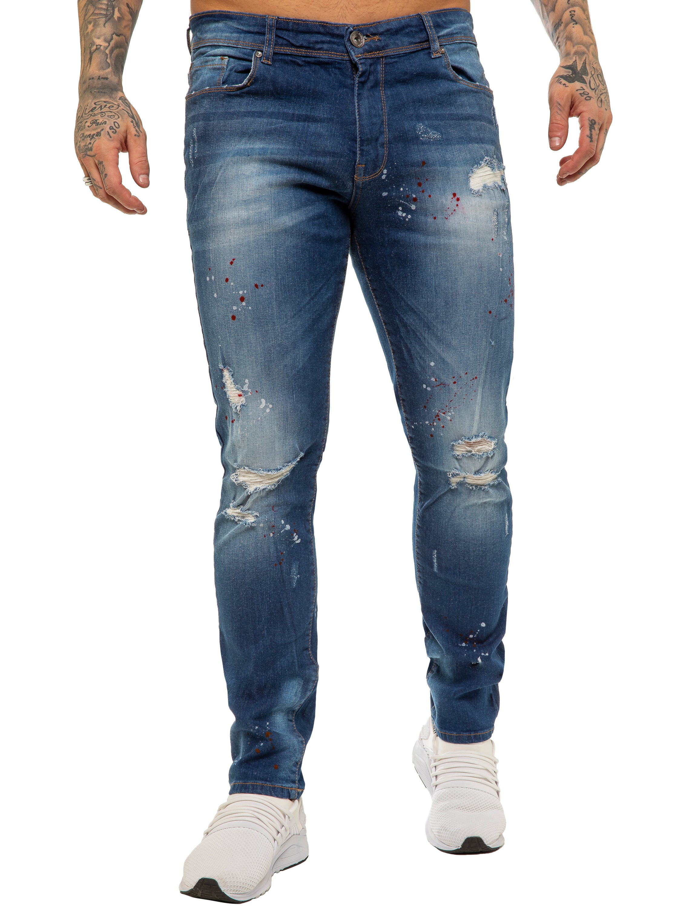 Mens Skinny Ripped Splash Jeans Stretch Denim | Enzo Designer Menswear - Image 7