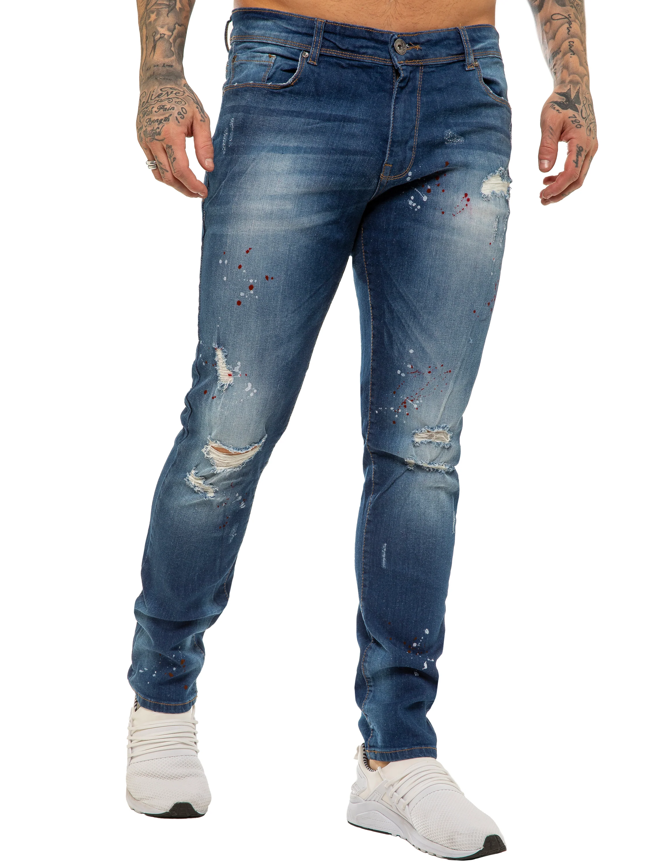 Mens Skinny Ripped Splash Jeans Stretch Denim | Enzo Designer Menswear - Image 9